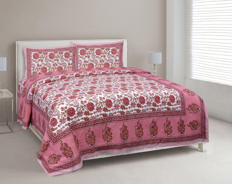 Zaina 380 TC Cotton King Floral Flat Bedsheet  (Pack of 1, Pink Jaipuri Flower prints on White base)