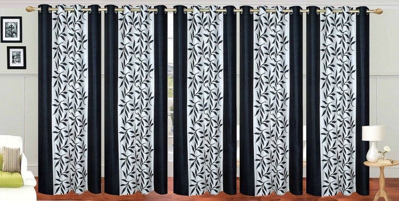 Flossy 214 cm (7 ft) Polyester Semi Transparent Door Curtain (Pack Of 5)  (Printed, Black)
