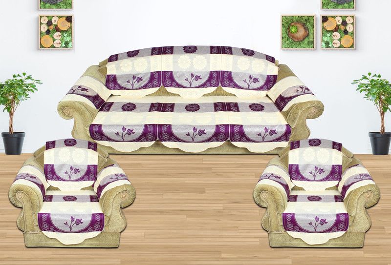 Sawan Polyester Floral Sofa Cover  (5 Seater Polyester Purple Net Fabric Sofa Cover with 6 Pieces Arms Covers Pack of 16 Pack of 16)