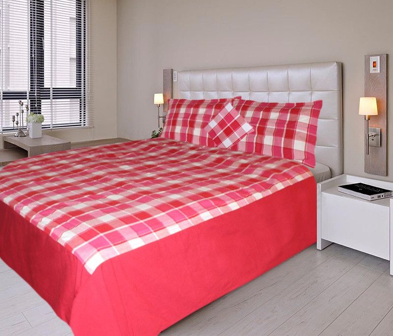 New Ladies Zone Cotton Double Checkered Flat Bedsheet  (Pack of 1, Pink)