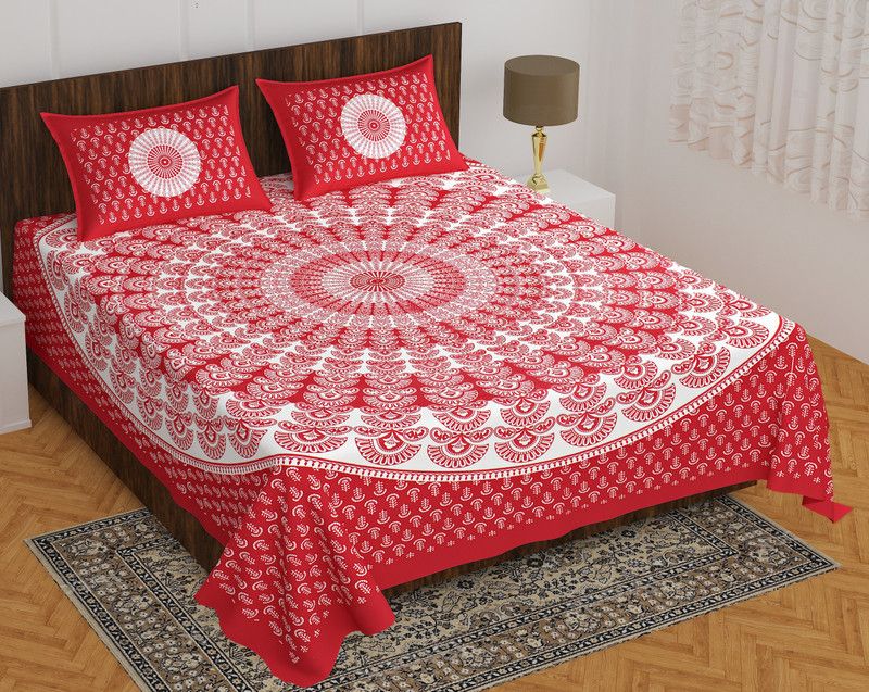 shree sd creation 165 TC Cotton Double Jaipuri Prints Flat Bedsheet  (Pack of 1, Red)