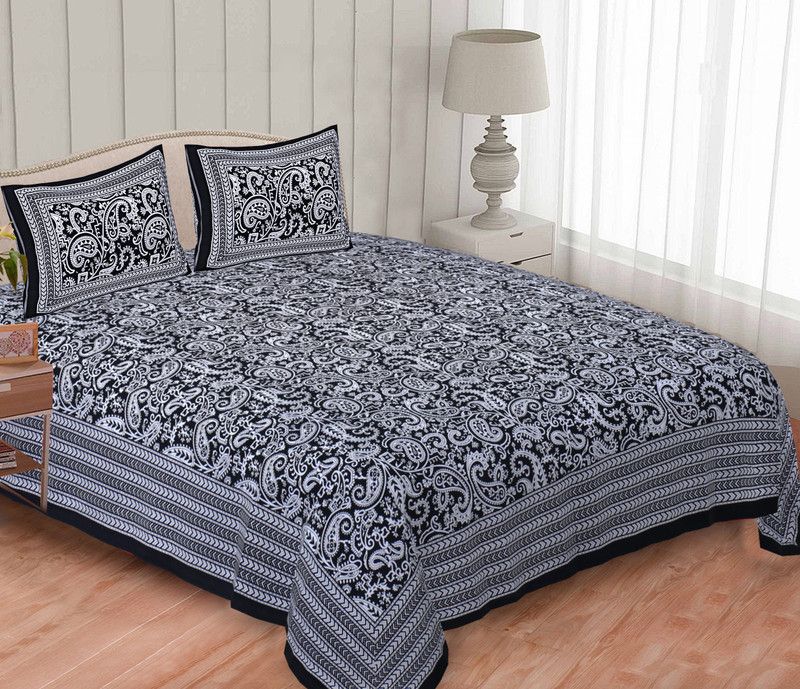 Jetri 120 TC Cotton King Paisley Flat Bedsheet  (Pack of 1, Black)