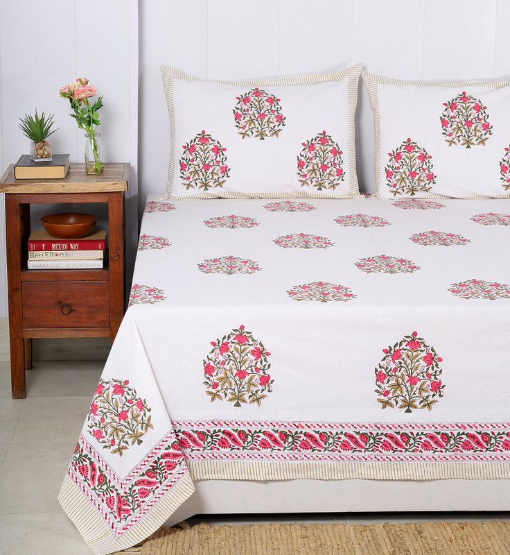 Ravaiyaa - Attitude Is Everything 0 TC Cotton Queen Floral Flat Bedsheet  (Pack of 3, White)