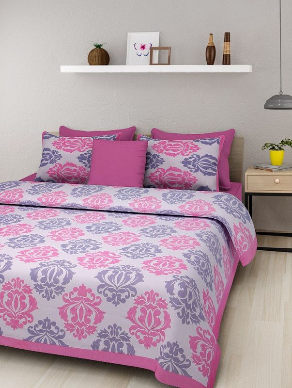 SRE 160 TC Cotton Queen Jaipuri Prints Flat Bedsheet  (Pack of 1, Pink White)