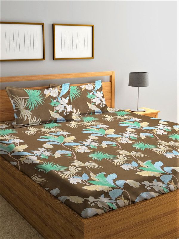 Home Sizzler 144 TC Microfiber Double Floral Flat Bedsheet  (Pack of 1, Green)