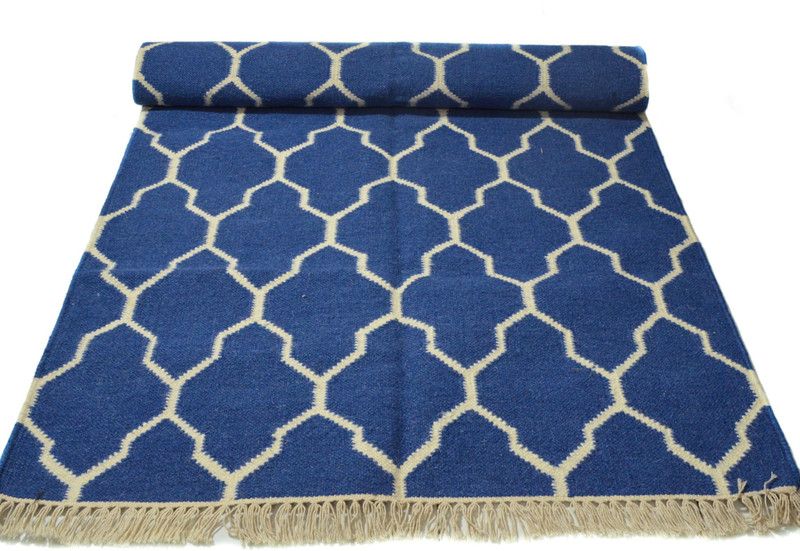 TANGERINE White, Blue Wool, Cotton Area Rug  (92 cm, X 154 cm, Rectangle)