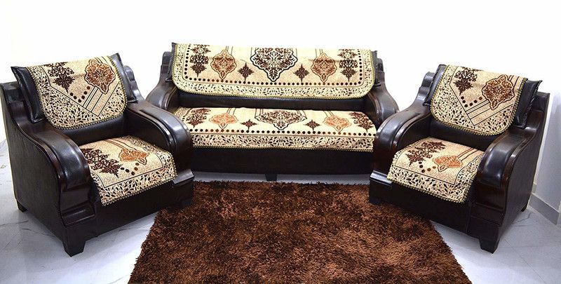 KINGLY Chenille Abstract Sofa Cover  (Brown, Beige Pack of 6)