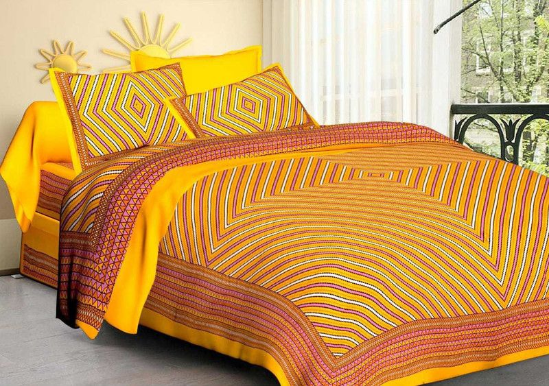 VASTRA VILLA 170 TC Cotton Double Geometric Flat Bedsheet  (Pack of 1, Yellow Line)