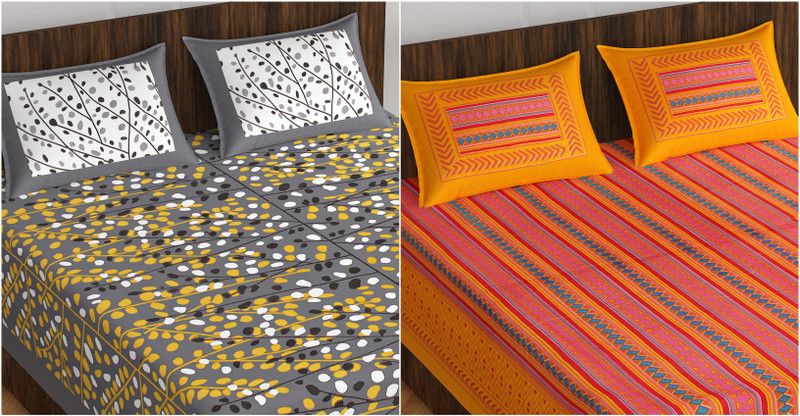 NSPR 180 TC Cotton Double Jaipuri Prints Flat Bedsheet  (Pack of 2, Grey)
