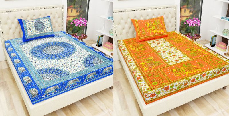 Indram 144 TC Cotton Single Printed Flat Bedsheet  (Pack of 4, Blue, Orange)