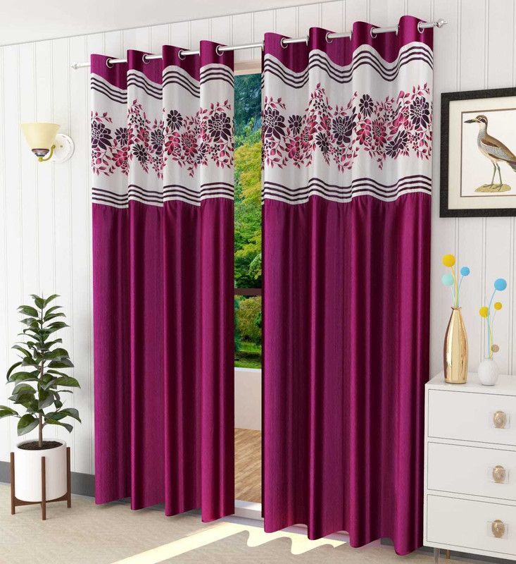 AH-DECOR 213 cm (7 ft) Polyester Room Darkening Door Curtain (Pack Of 2)  (Floral, Purple Patch Curtain)