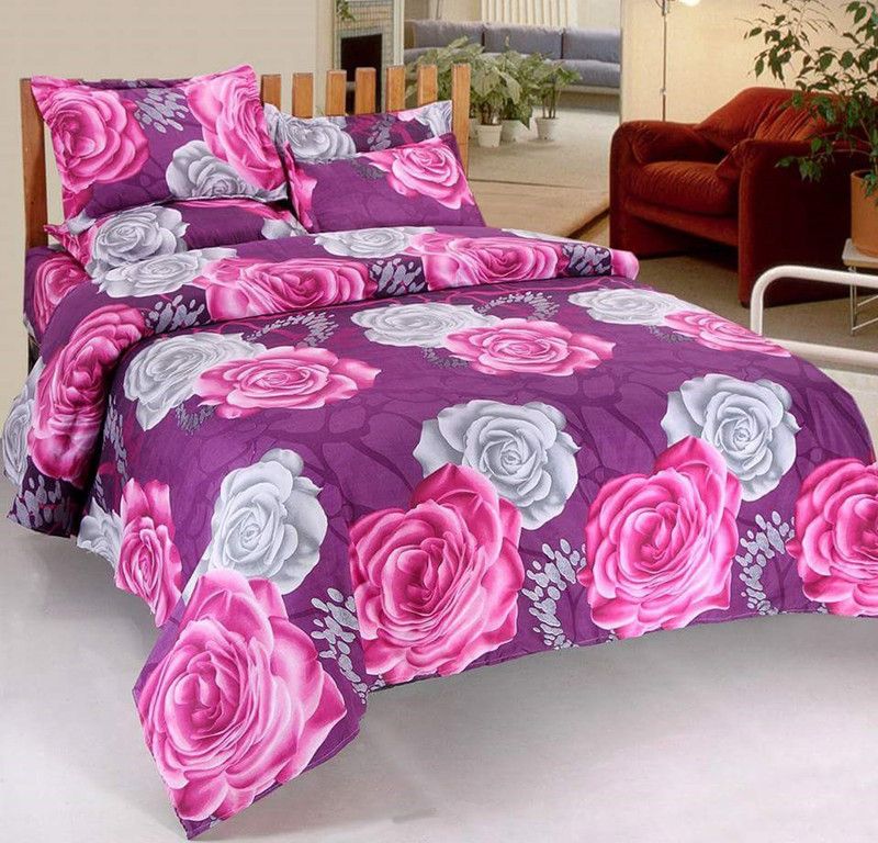 VIKCLIQUE 144 TC Polycotton Double Printed Flat Bedsheet  (Pack of 1, PinkWhitePurple)