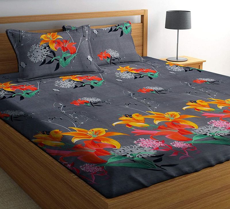 Soniasaa 185 TC Microfiber Double Floral Flat Bedsheet  (Pack of 1, Grey)