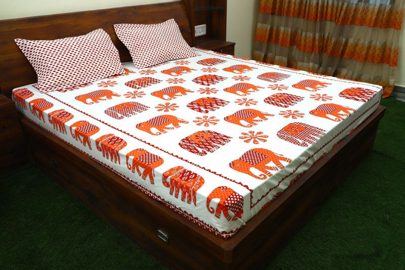 dwar 144 TC Cotton Double Animal Flat Bedsheet  (Pack of 1, Orange Elephant Print)