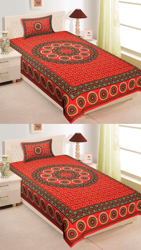 Texstylers 144 TC Cotton Single Jaipuri Prints Flat Bedsheet  (Pack of 4, Dark Red)