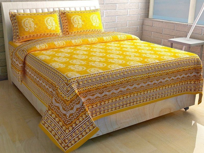 RS COLLACTION 144 TC Cotton Double Jaipuri Prints Flat Bedsheet  (Pack of 1, Yellow)