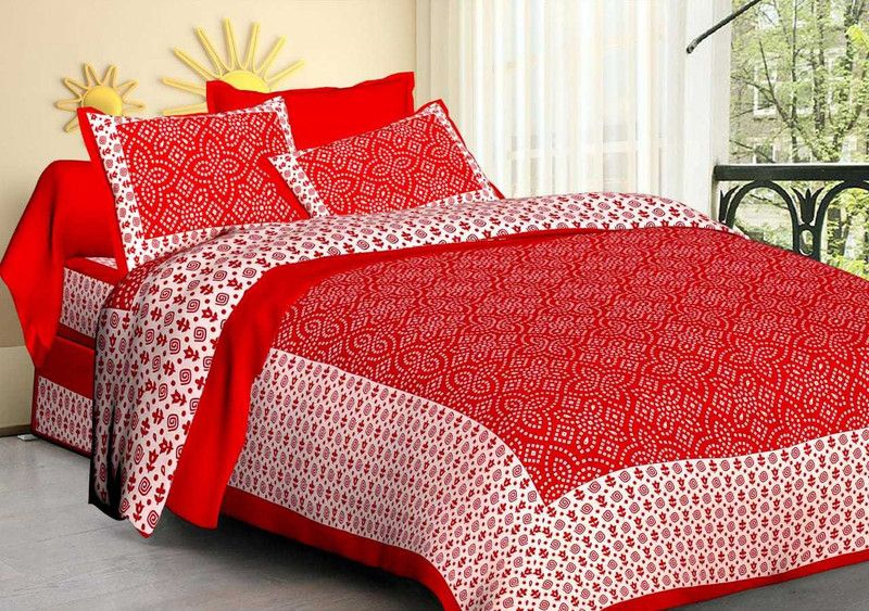 MOXIE 160 TC Cotton Double Jaipuri Prints Flat Bedsheet  (Pack of 1, RED, White)