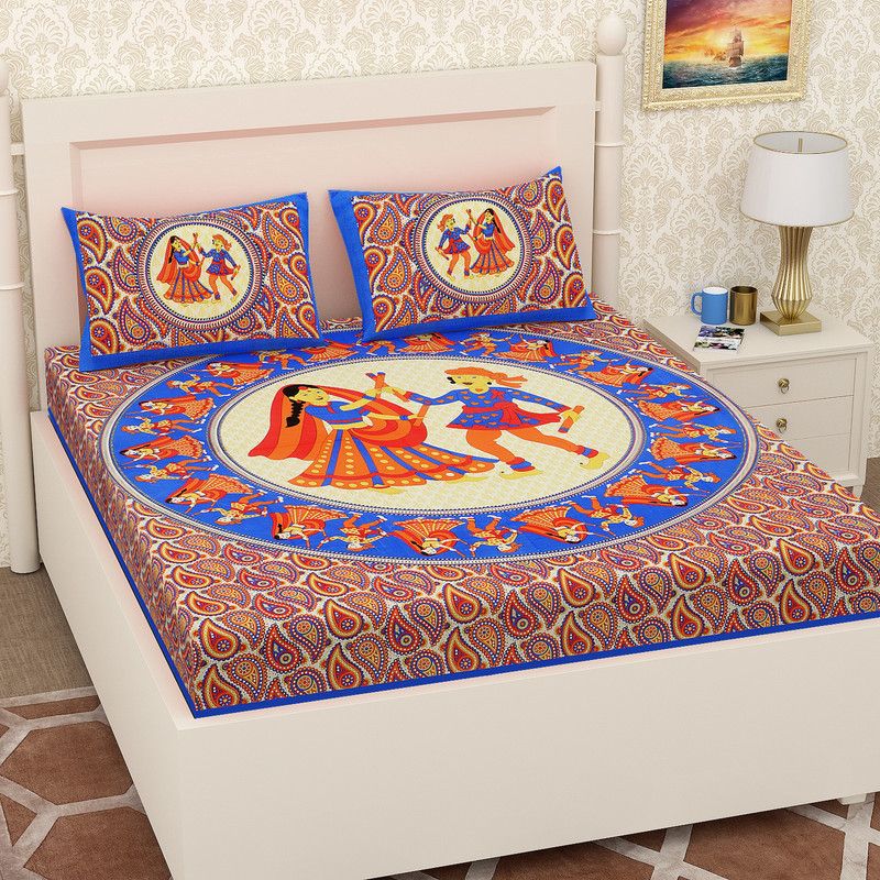 Pankaja Creation 144 TC Cotton Double Printed Flat Bedsheet  (Pack of 1, Blue, Red)
