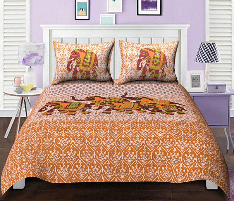 RIYA FABRICS 144 TC Cotton Double Jaipuri Prints Flat Bedsheet  (Pack of 1, Yellow)
