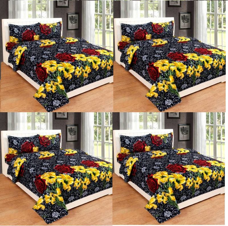 Elegant Decore 150 TC Polycotton Double Floral Flat Bedsheet  (Pack of 4, Yellow,Black)