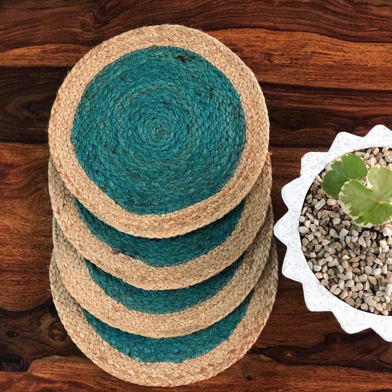 Jasmey Round Pack of 4 Table Placemat  (Green, Jute)