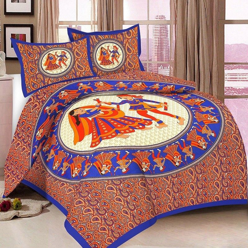 KRISHNDECOR 144 TC Cotton Queen Printed Fitted & Flat Bedsheet  (Pack of 1, Blue)