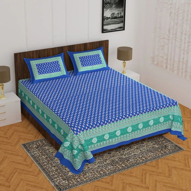 Fashion Cottage 200 TC Cotton Double Jaipuri Prints Flat Bedsheet  (Pack of 1, Blue)