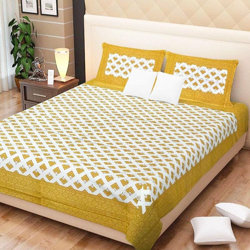 viruska enterprises 120 TC Cotton Queen Jaipuri Prints Flat Bedsheet  (Pack of 1, Yellow, White)