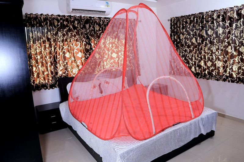 M H Collection Nylon Adults Washable Foldable Mosquito Net Flexible for Double Bed,King Size Bed, Queen Size Bed with 2 Window Zip Door- Striped Peach Mosquito Net  (Peach, Tent)