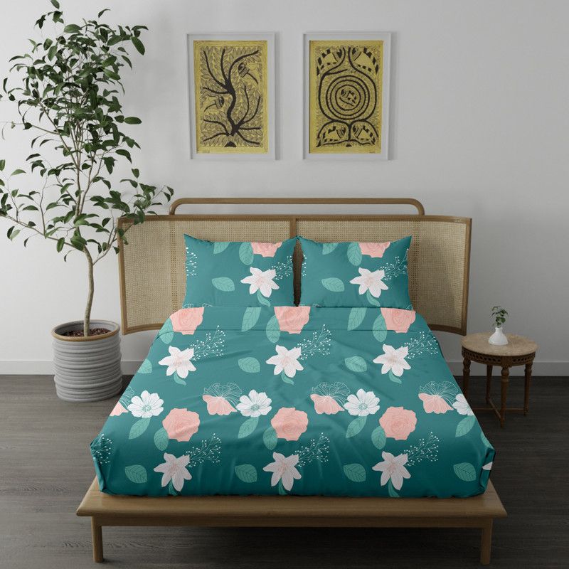 Blue Dahlia 220 TC Cotton Single Printed Flat Bedsheet  (Pack of 1, Green)
