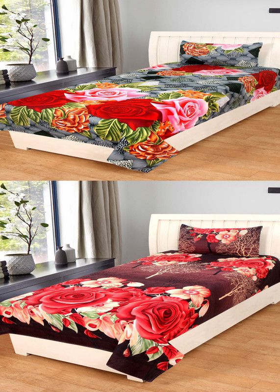 Maya's 140 TC Polycotton Single 3D Printed Flat Bedsheet  (Pack of 2, Brown, Grey)