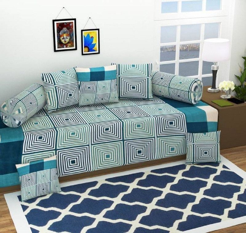 SINGHS VILLAS DECOR Cotton Abstract Diwan Set  (Blue)
