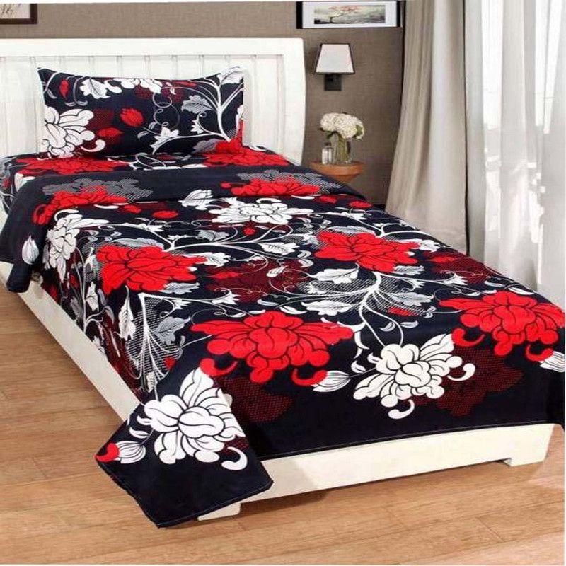 Chacha Chachi Gift Store 180 TC Polycotton Single Floral Flat Bedsheet  (Pack of 1, Black multicolor)