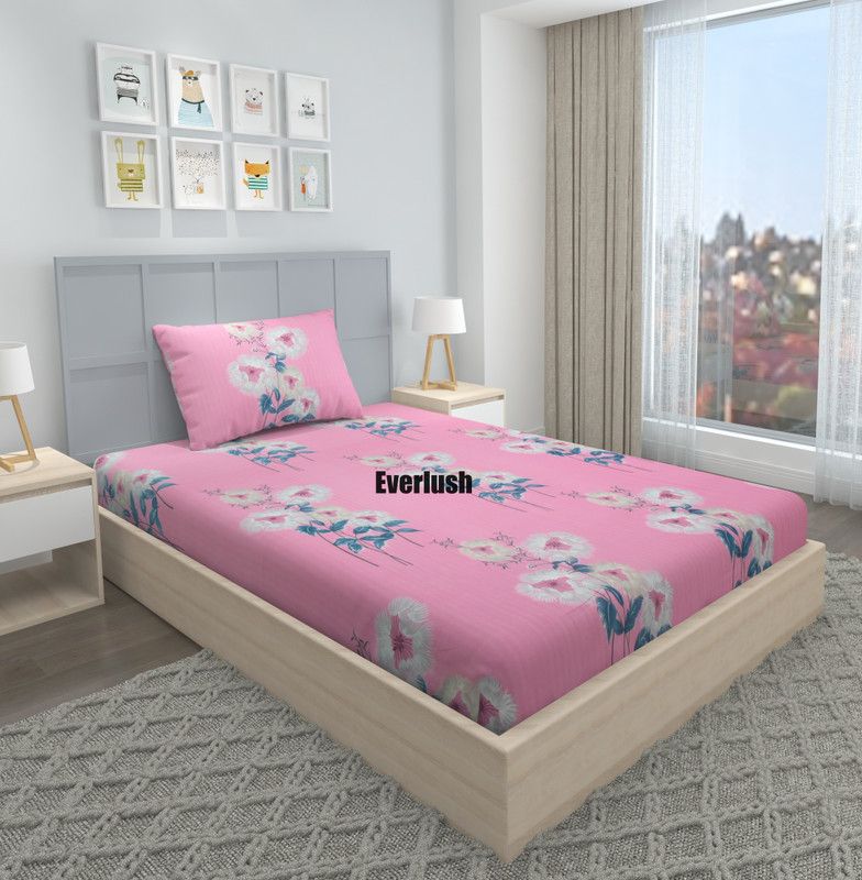 Everlush 280 TC Cotton Single Floral Fitted (Elastic) Bedsheet  (Pack of 1, Pink White)