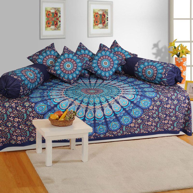 Rangun Cotton Floral Diwan Set  (Blue)