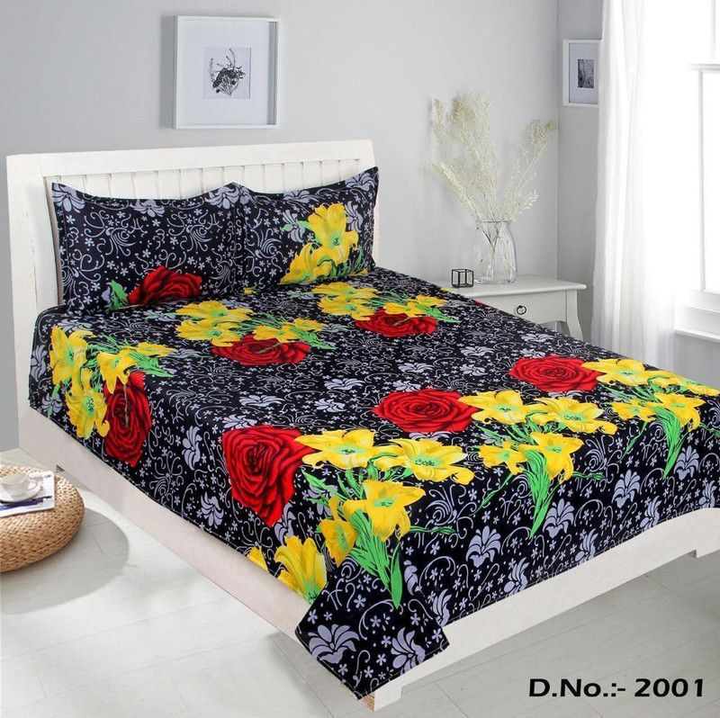 omikadecors 144 TC Microfiber Double 3D Printed Flat Bedsheet  (Pack of 1, Black, Red, Yellow)