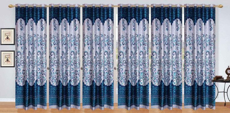 Flossy 274 cm (9 ft) Polyester Semi Transparent Long Door Curtain (Pack Of 6)  (Floral, Aqua)