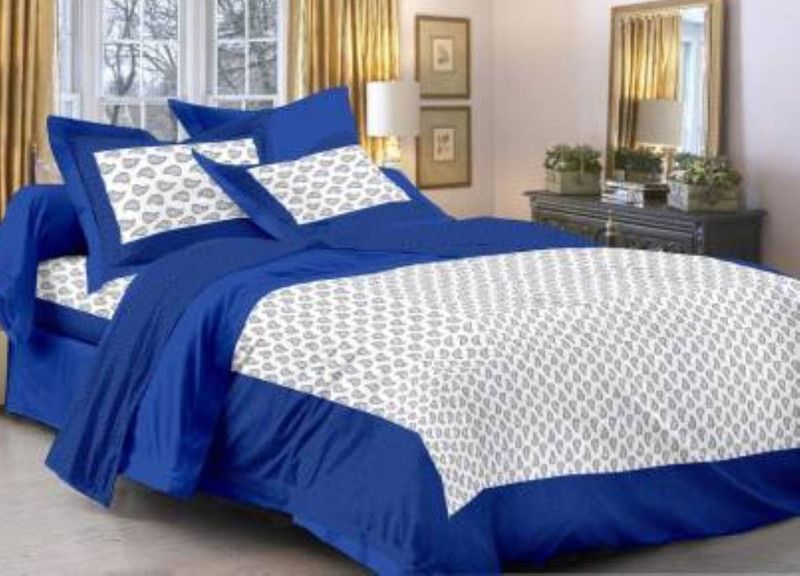 Tradtional Rajasthani print 210 TC Cotton Double Jaipuri Prints Flat Bedsheet  (Pack of 1, Blue, White)