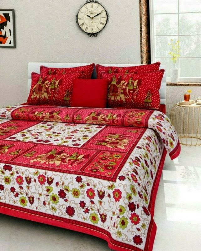 tripati sanganeri prints 144 TC Cotton Double Jaipuri Prints Flat Bedsheet  (Pack of 1, Red)