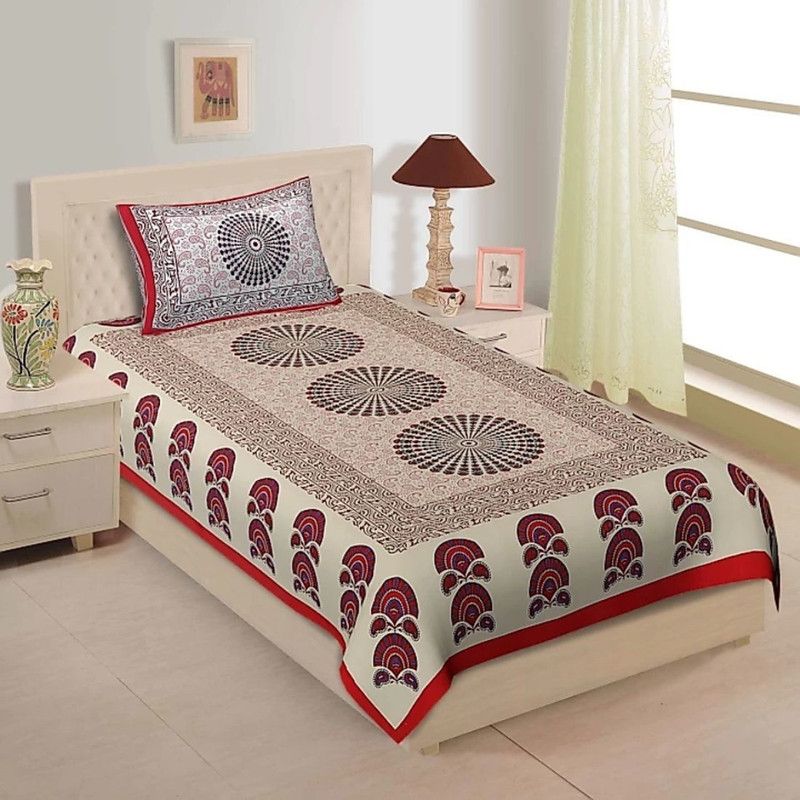 E ELMA 104 TC Cotton Single Printed Flat Bedsheet  (Pack of 1, Red)
