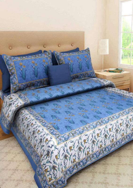 Divy Fusion Fashion 150 TC Cotton Double Printed Flat Bedsheet  (Pack of 1, Blue)