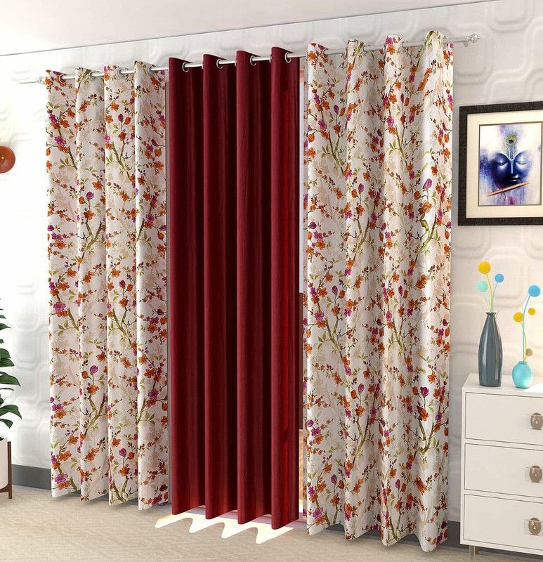 A ONE HANDLOOMS 213 cm (7 ft) Polyester Door Curtain (Pack Of 3)  (Floral, Maroon)