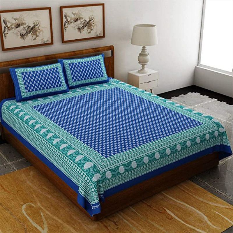 crafton 180 TC Cotton Double Printed Flat Bedsheet  (Pack of 1, Blue)