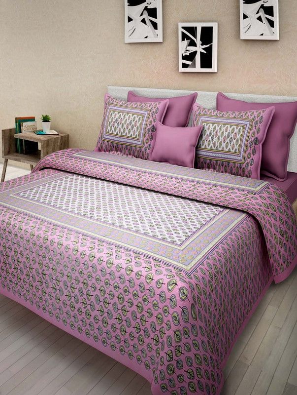 RAJDEVI JAIPUR PRINTS 351 TC Cotton King Printed Flat Bedsheet  (Pack of 1, Pink, White)
