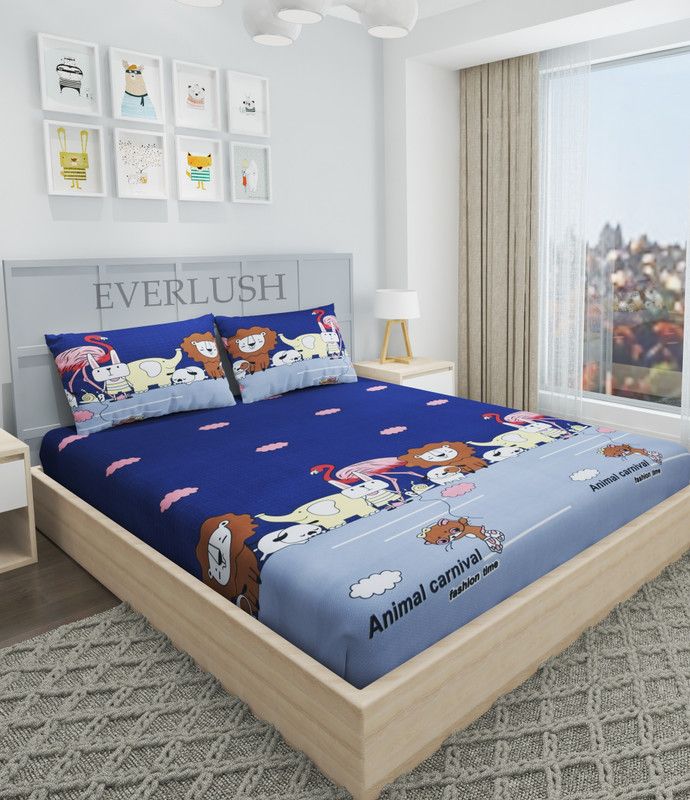 Everlush 280 TC Cotton King Cartoon Fitted (Elastic) Bedsheet  (Pack of 1, Blue)