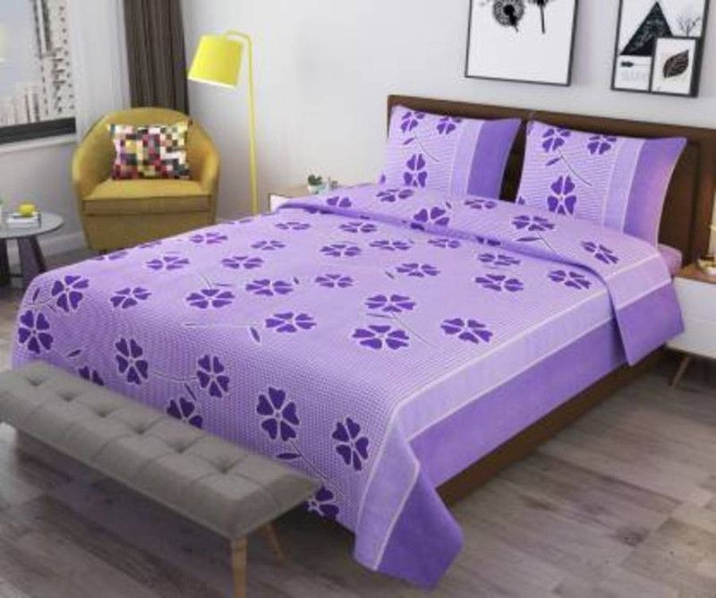 COTTON VILLAS 144 TC Polycotton, Microfiber Double Printed Flat Bedsheet  (Pack of 3, 3D Purple Lily Printed)
