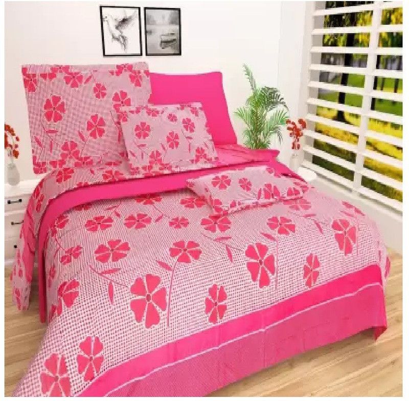 Decor Home Readiness 140 TC Polycotton Double 3D Printed Flat Bedsheet  (Pack of 1, Pink, White)