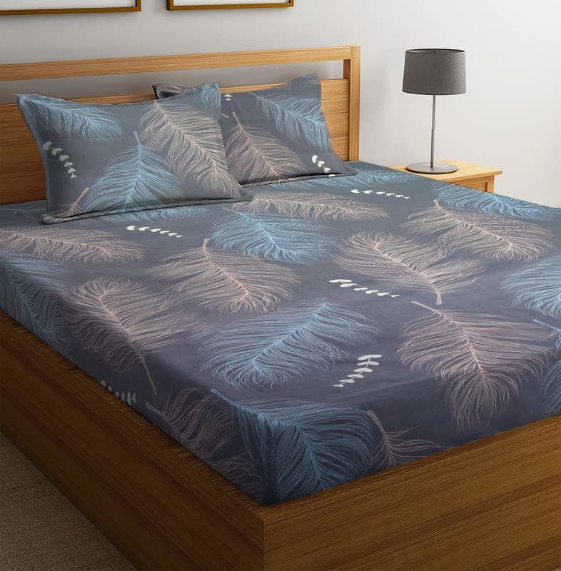 Parneet 220 TC Cotton Double Floral Fitted (Elastic) Bedsheet  (Pack of 1, Light Grey)