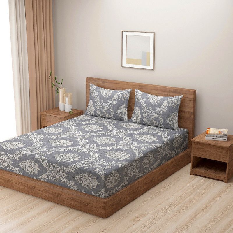 SWAYAM 200 TC Cotton Double Floral Flat Bedsheet  (Pack of 1, Grey,White)