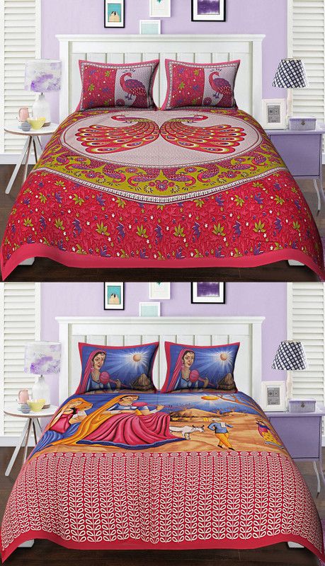 Texstylers 104 TC Cotton Double Printed Flat Bedsheet  (Pack of 2, Multicolor)